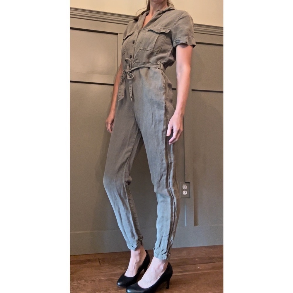 C&C California Linen Lyocell Utility Cargo Jumpsuit Olive Green Size Small